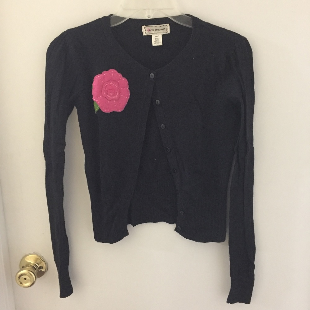 One Step Up Girls Cardigan Black Pink Flower Small